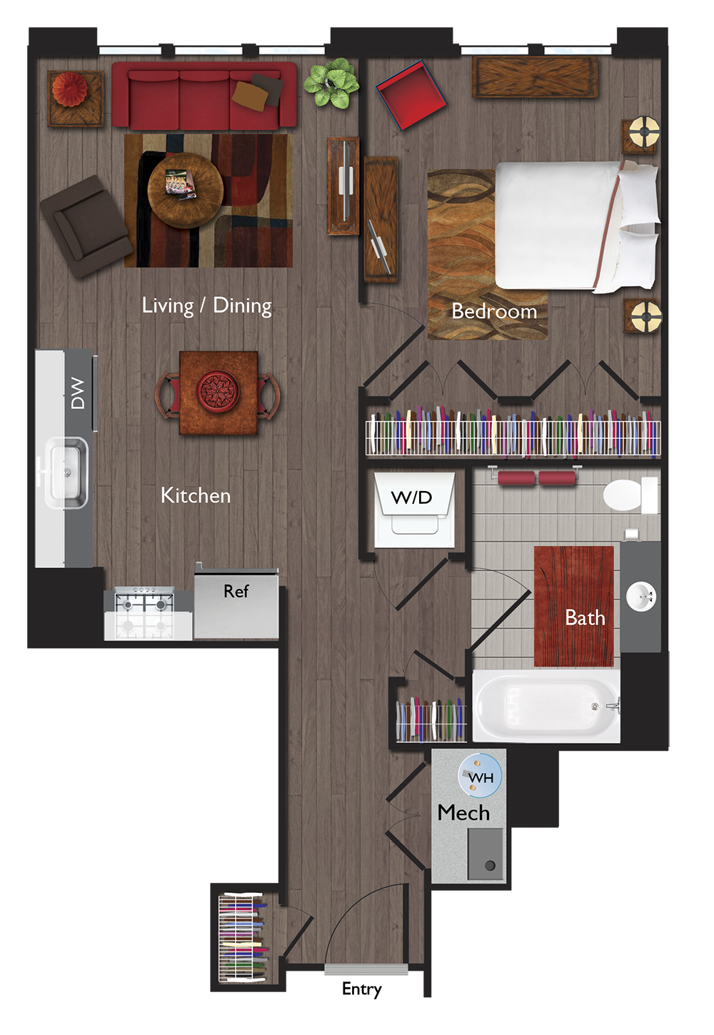Floor plan for 1 bed, 1 bath, 671 sqft